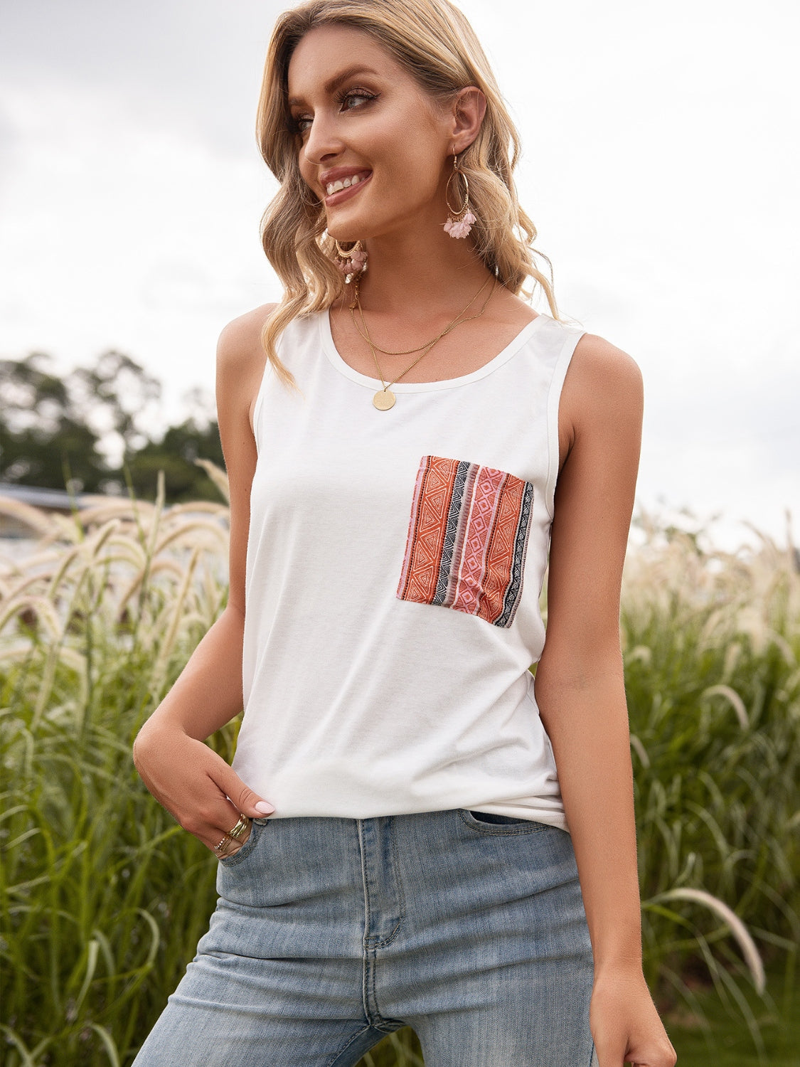 Pocketed Printed Round Neck Tank Pocketed Printed Round Neck Tank
